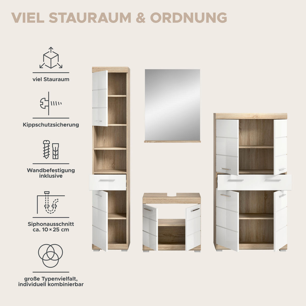 Badezimmer-Set Lambada Eiche Sonoma Nachbildung weiß Hochglanz B/H/T: ca. 186x191x34 cm Lambada - Eiche/weiß (186,00/191,00/34,00cm) - xonox.home