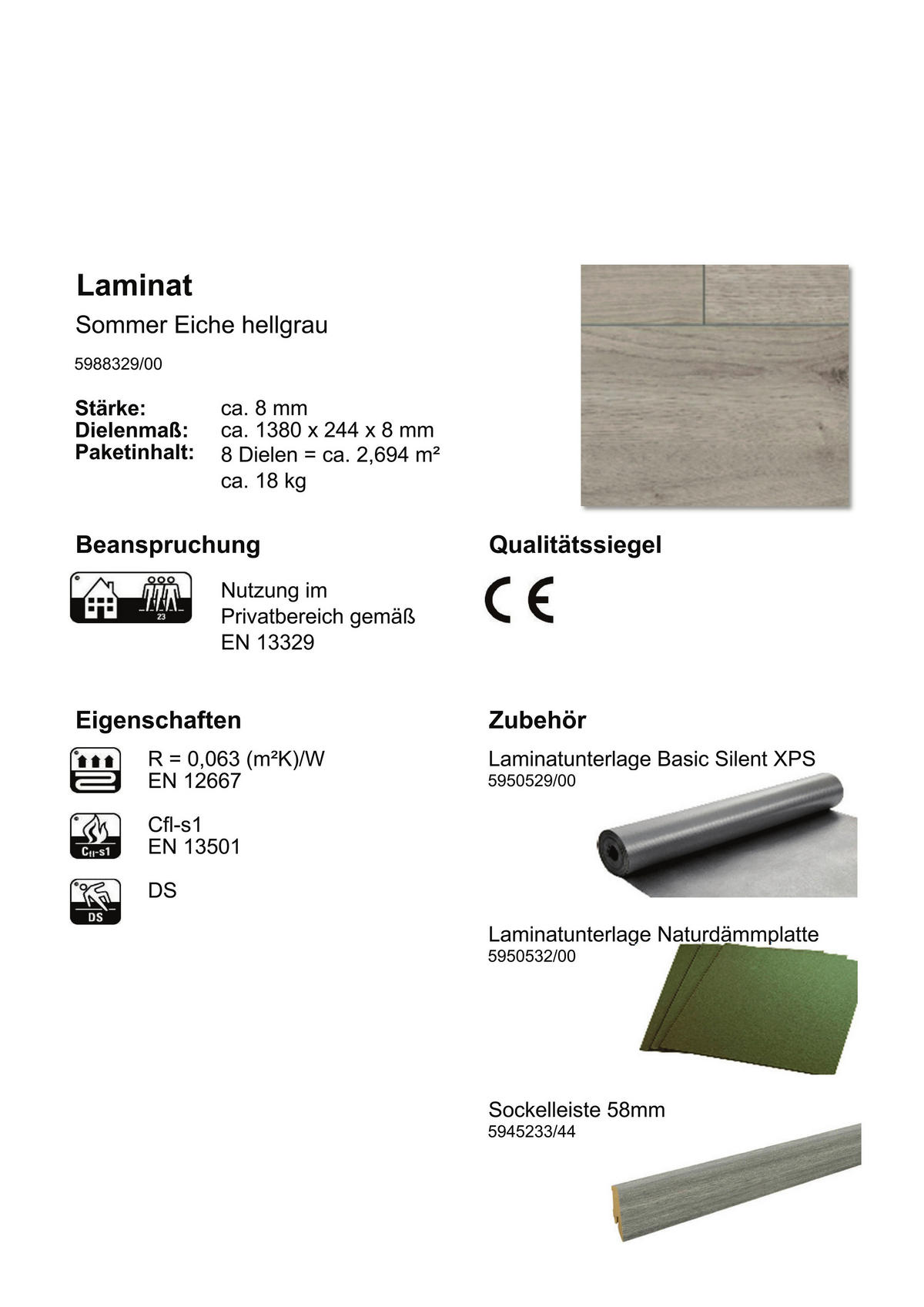 Laminatboden Sommer ca. 2,694 m² im Paket  B/L: ca. 24,4x138 cm pro Paket Sommer ca. 2,694 m² im Paket - hellgrau (24,40/138,00cm)