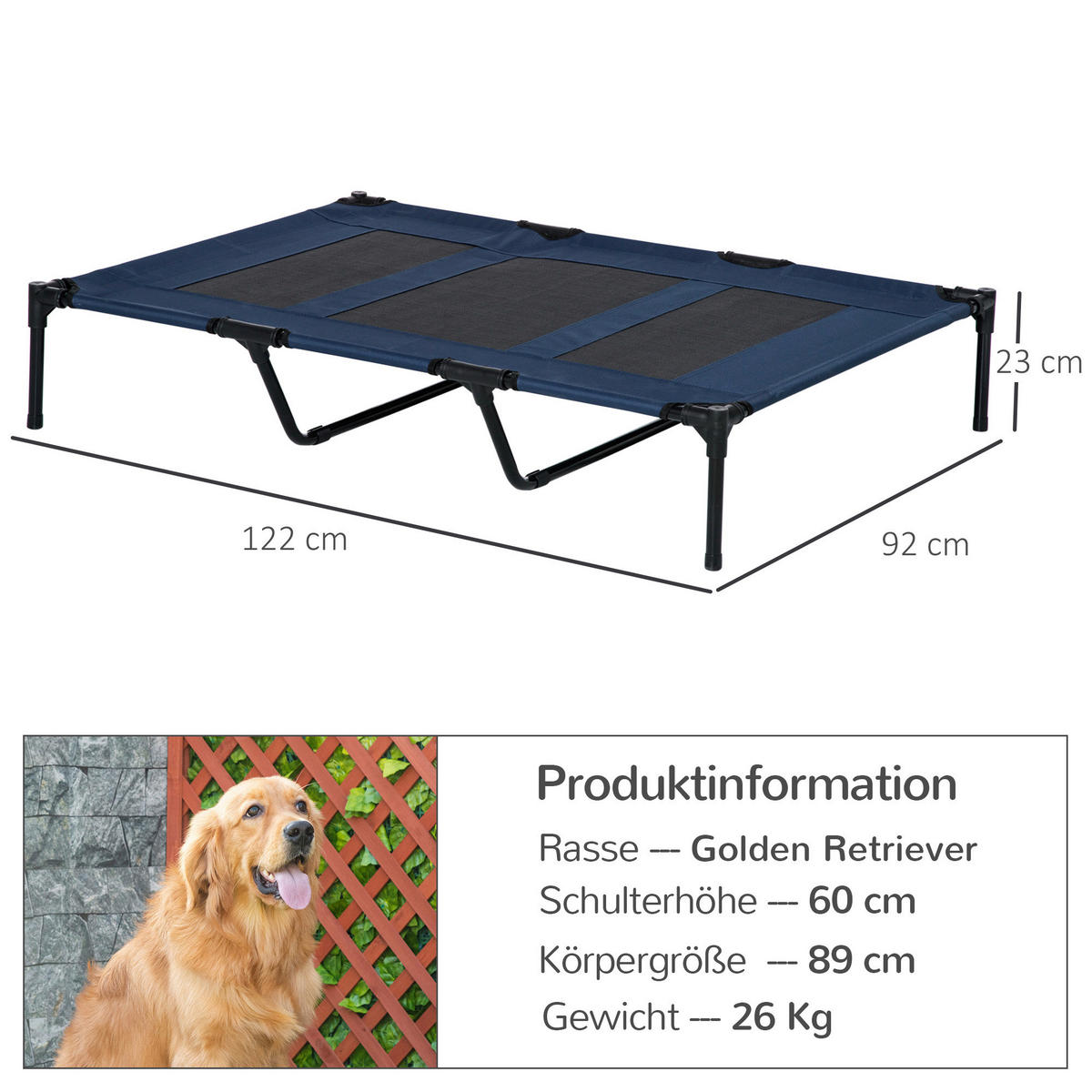 PawHut Hunde-Zubehör schwarz Edelstahl B/H/L: ca. 92x122x23 cm Hundebett - schwarz/dunkelblau (23,00/92,00/122,00cm) - PawHut