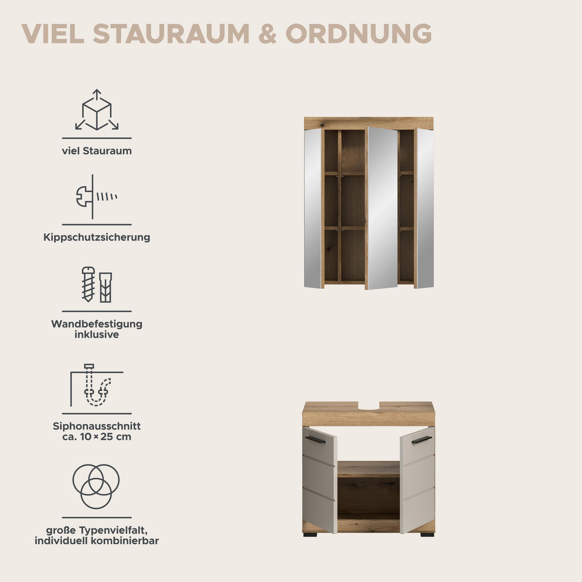 Badezimmer-Set Scout Evoke Oak Nachbildung Kaschmirgrau Nachbildung B/H/T: ca. 60x191x34 cm Scout - Kaschmirgrau (60,00/191,00/34,00cm) - xonox.home
