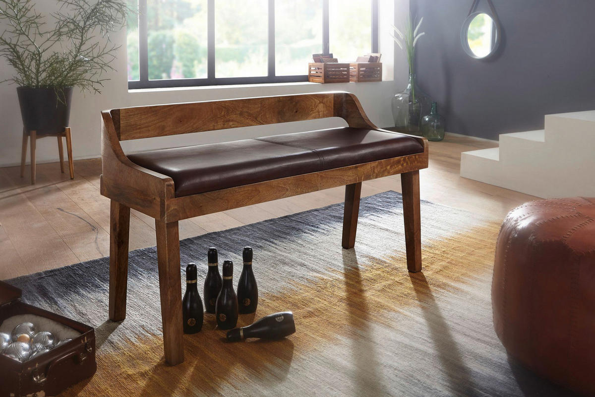 Wohnling Sitzbank dunkelbraun natur Leder Echtholz B/H/T: ca. 108x63x43 cm Sitzbank - dunkelbraun/natur (108,00/63,00/43,00cm) - Wohnling