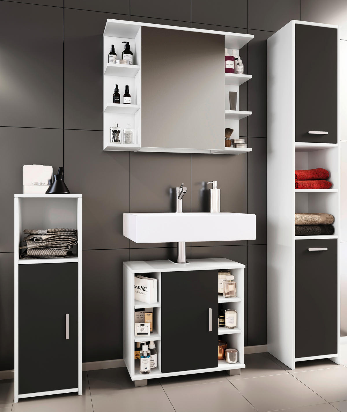 Badezimmer-Set Zalo weiß schwarz B/H/T: ca. 140x180x30 cm Zalo - weiß/schwarz (140,00/180,00/30,00cm) - VCM Möbel