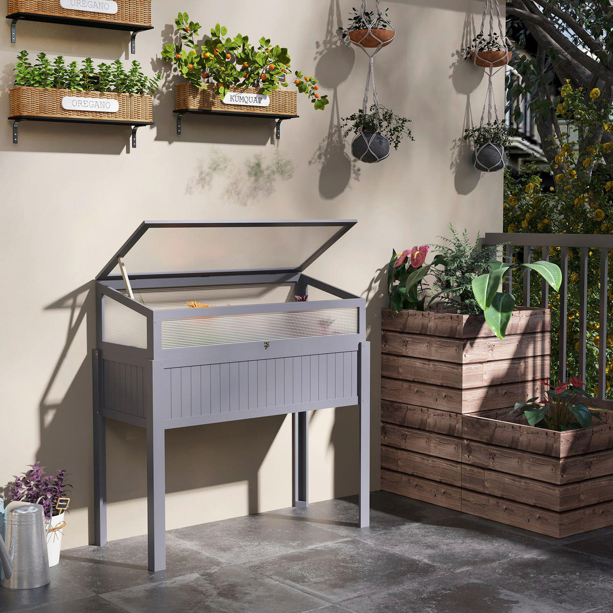 Outsunny Hochbeet grau Holz B/H/L: ca. 54x122x120 cm Hochbeet - grau (120,00/54,00/122,00cm) - Outsunny
