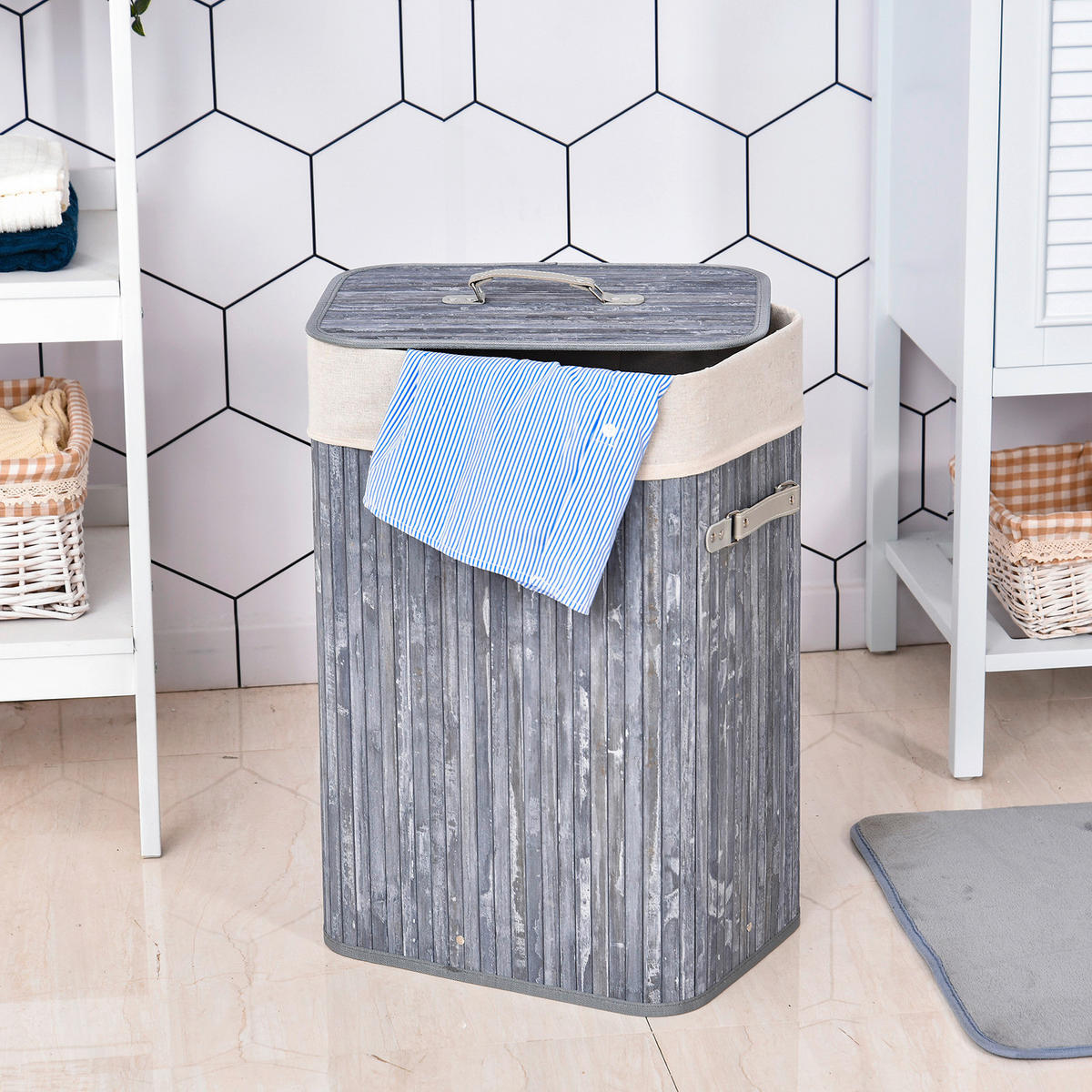 Wäschekorb mit 2 Tragegriffen grau Bambus Stoff Kunststoff B/H/L: ca. 30x60x40 cm Wäschekorb 850-017GY - grau (40,00/30,00/60,00cm) - HOMCOM