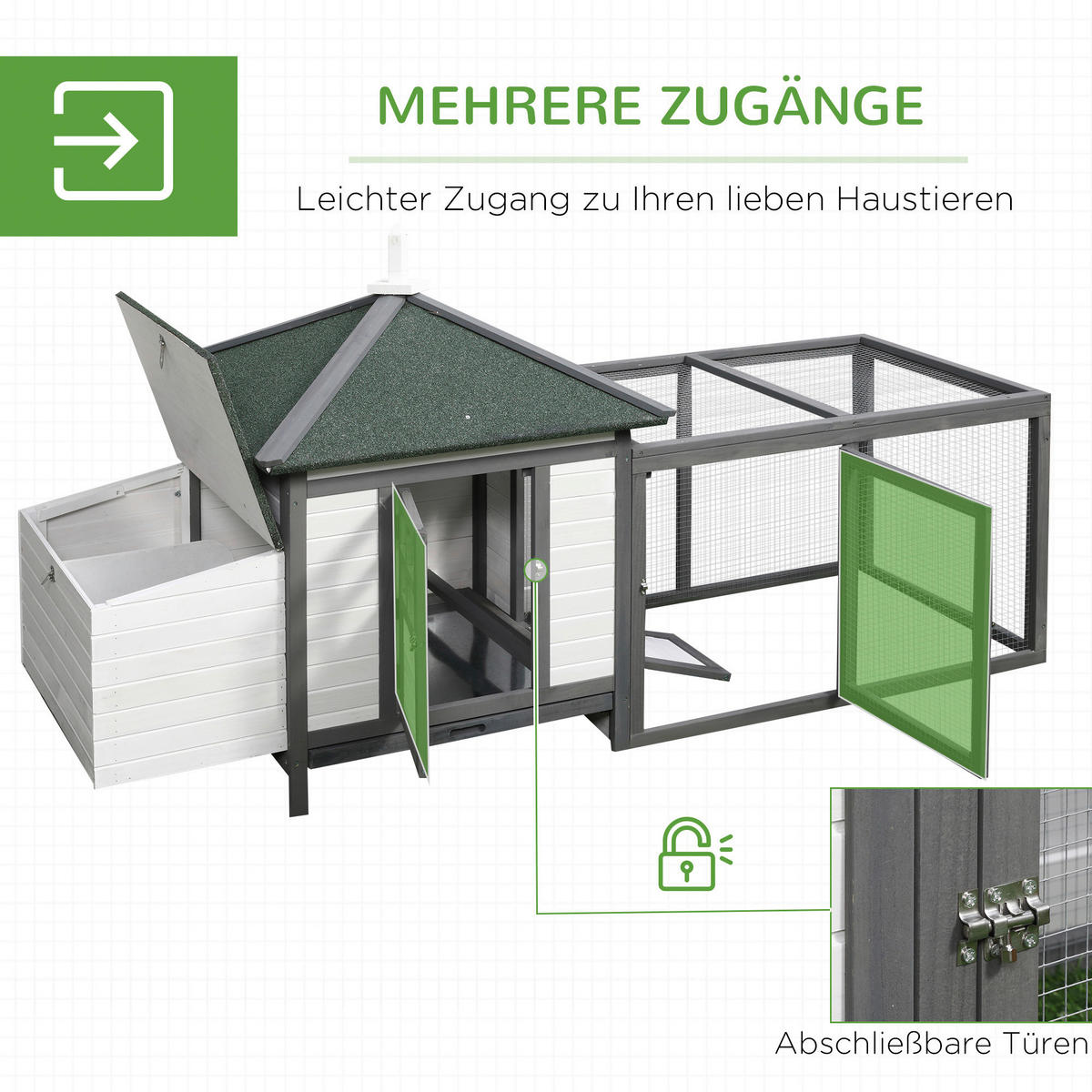 PawHut Hühnerstall grau Holz B/H/L: ca. 73,5x98x196 cm Hühnerstall - weiß/grün (196,00/73,50/98,00cm) - PawHut