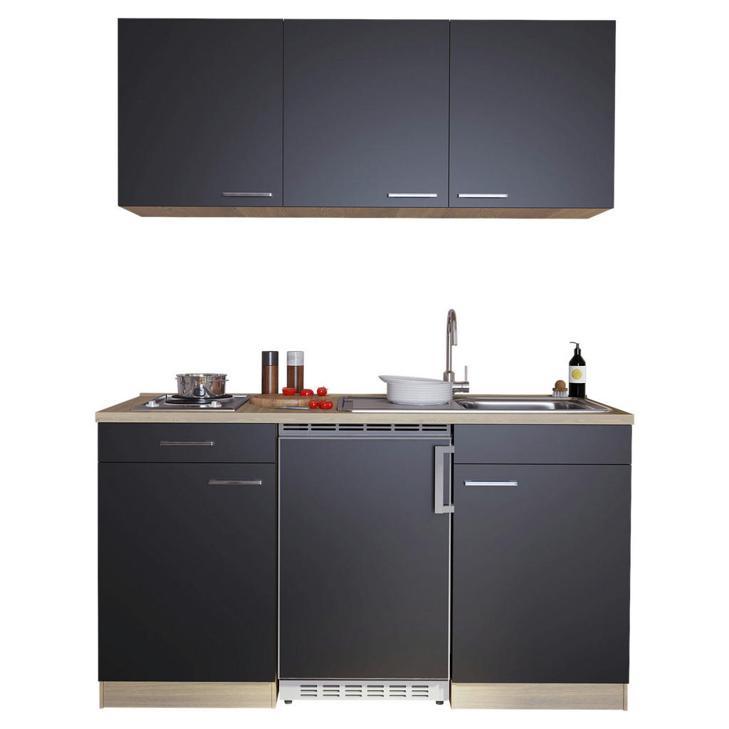 respekta Economy Küchenblock 150 cm, Korpus & Arbeitsplatte Eiche Sonoma Sägerau Nachbildung/Schwarz, Edelstahlkochmulde