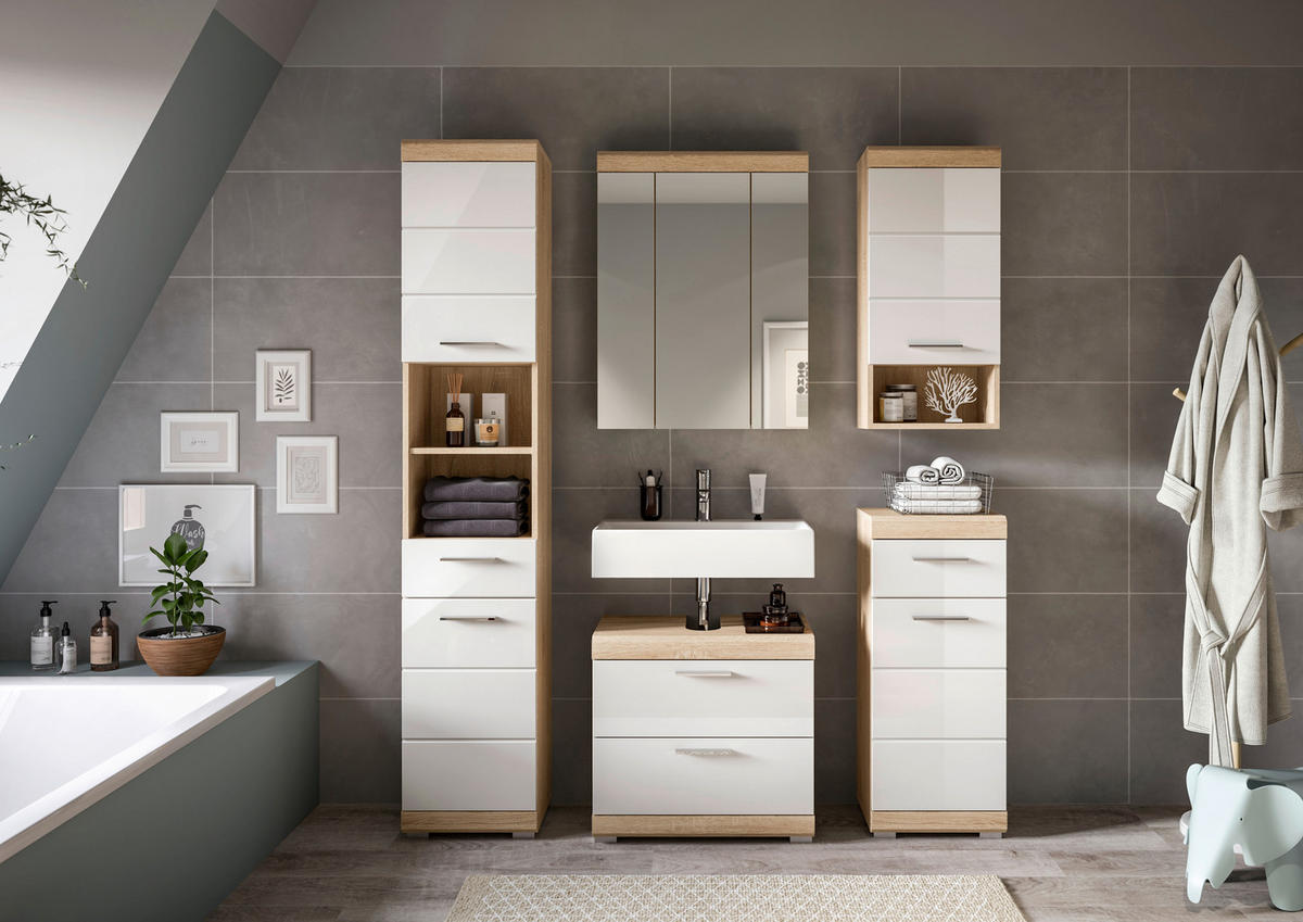 Badezimmer-Set Lambada Eiche Sonoma Nachbildung weiß Hochglanz B/H/T: ca. 164x191x37 cm Lambada - Eiche/weiß (164,00/191,00/37,00cm) - xonox.home
