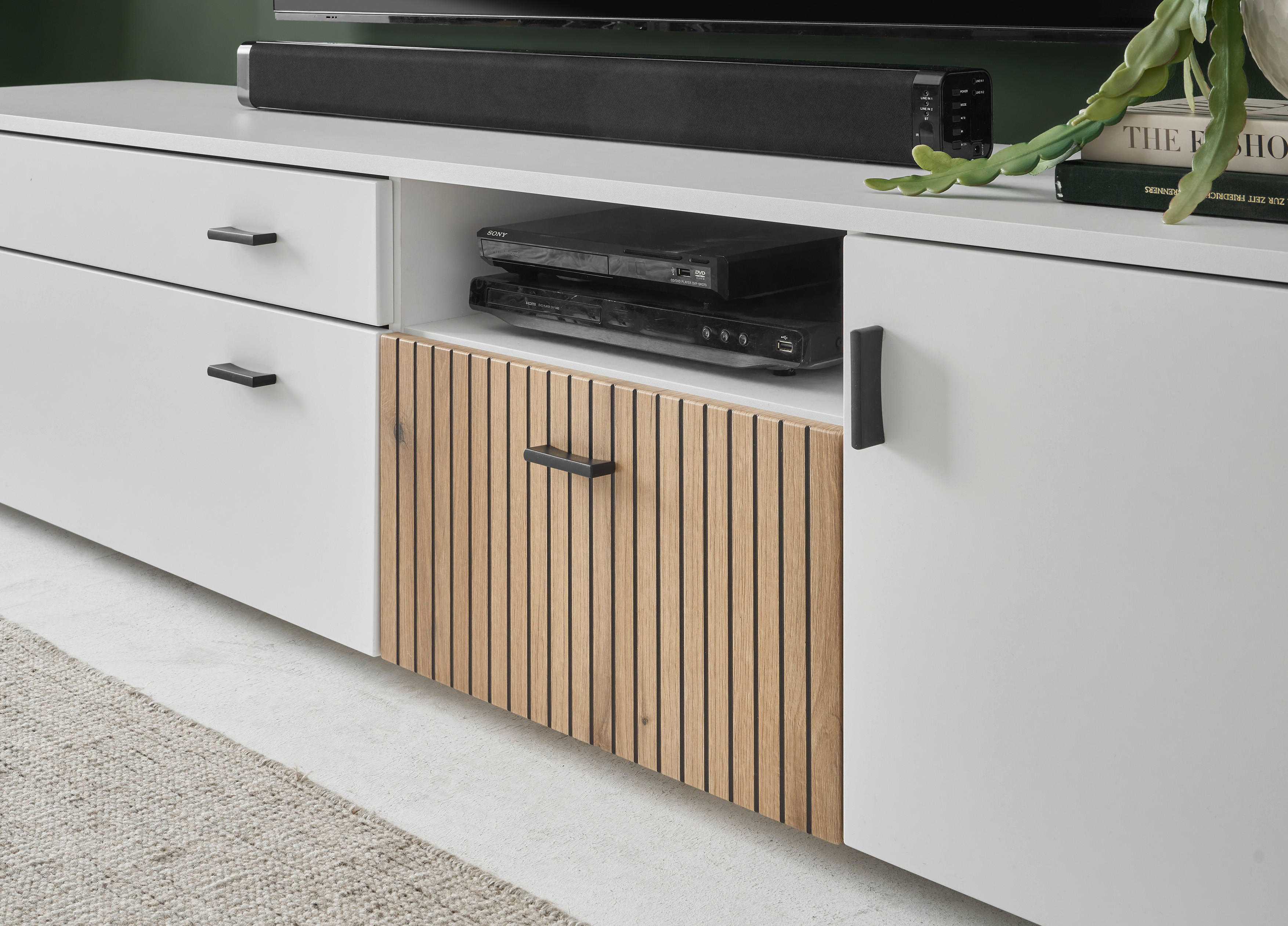 Lowboard Hudson weiß matt Eiche Evoke Coast Nachbildung B/H/T: ca. 200x44x42 cm Hudson - Eiche/weiß (200,00/44,00/42,00cm)