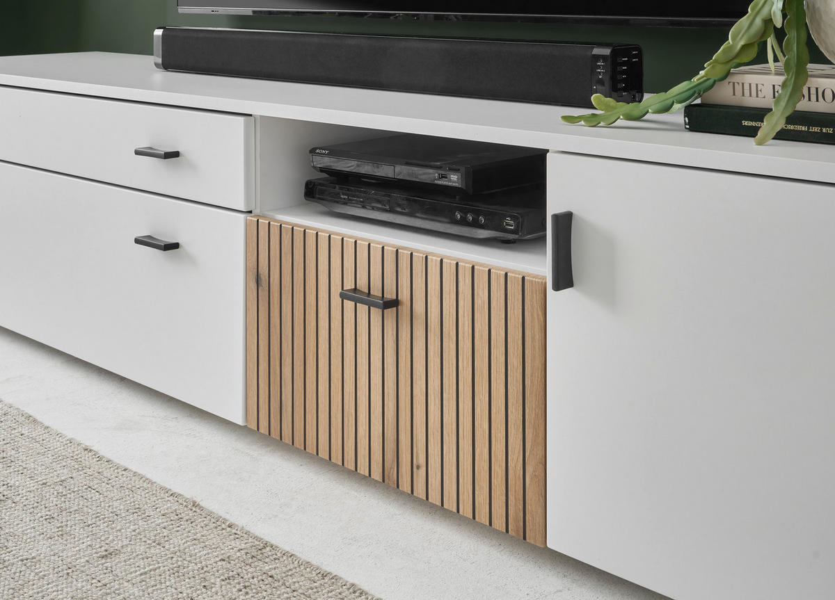 Lowboard Hudson weiß matt Eiche Evoke Coast Nachbildung B/H/T: ca. 200x44x42 cm Hudson - Eiche/weiß (200,00/44,00/42,00cm)
