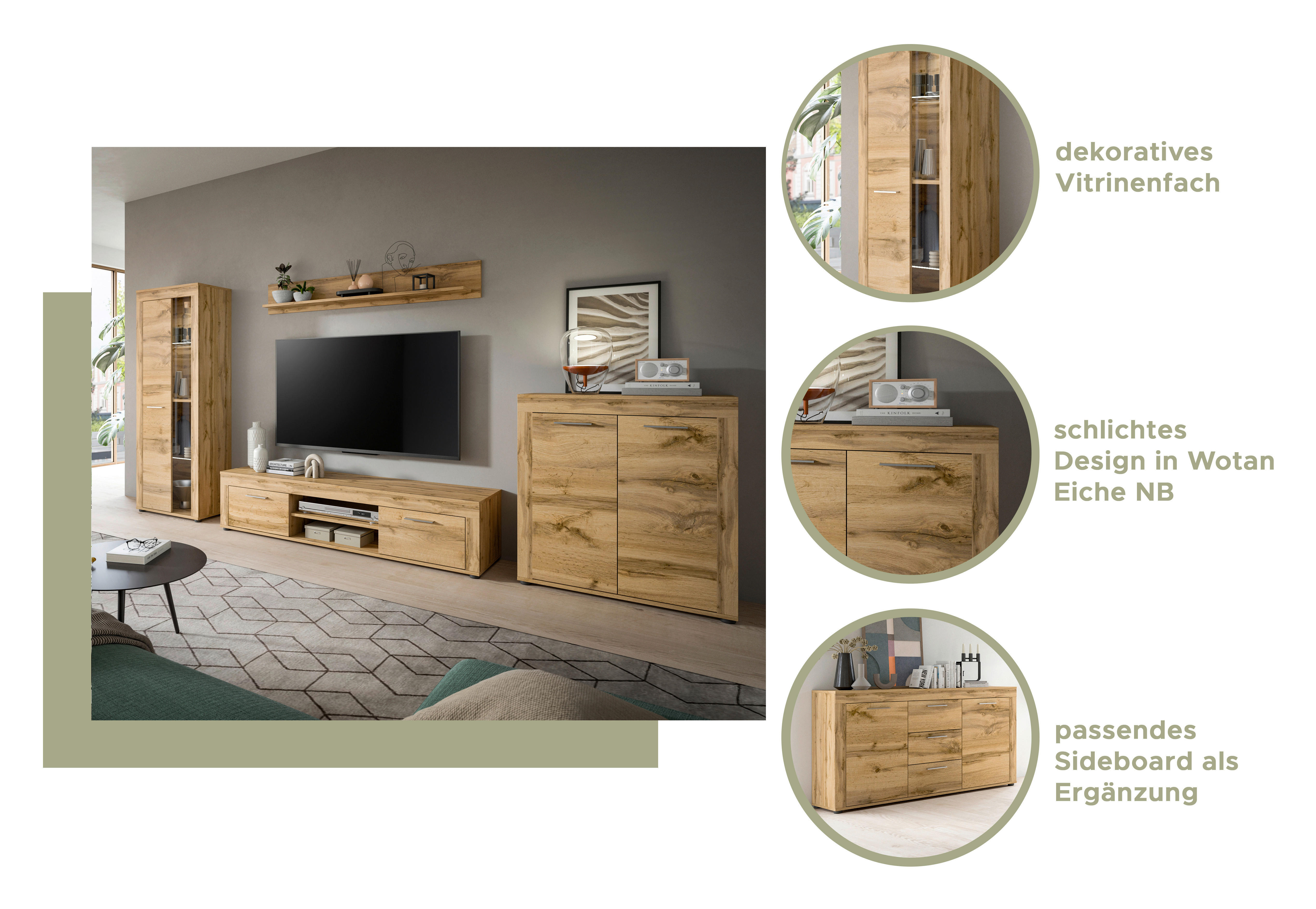 Wohnwand Jam Eiche Wotan Nachbildung B/H/T: ca. 310x159x35 cm Jam - Eiche (310,00/159,00/35,00cm) - xonox.home