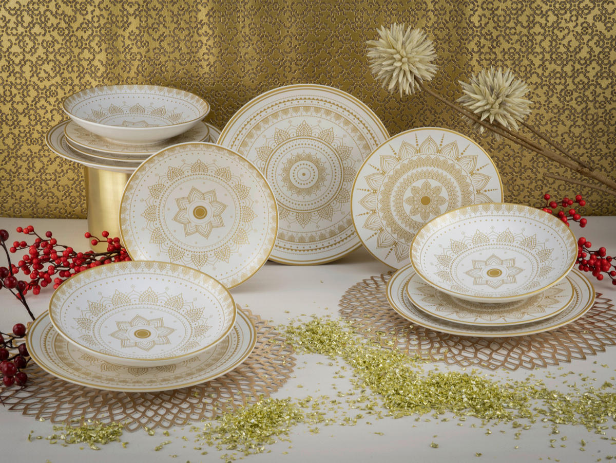 CreaTable Tafelservice MANDALA GOLD weiß Steinzeug 12 tlg. MANDALA GOLD - gold/weiß - CreaTable