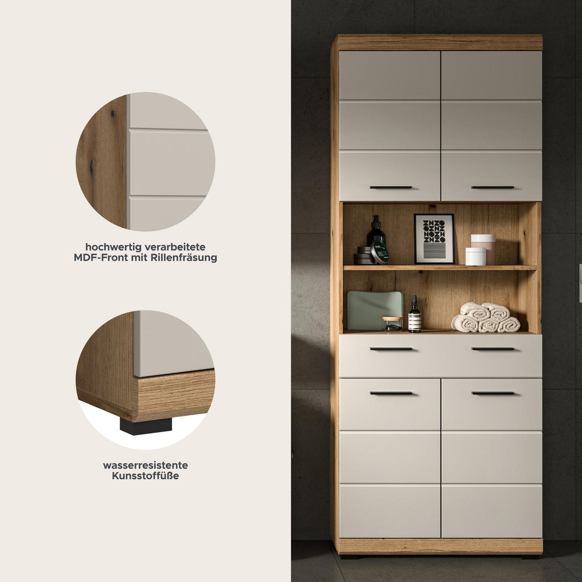 Badhochschrank Scout Evoke Oak Nachbildung Kaschmirgrau Nachbildung B/H/T: ca. 74x191x31 cm Scout - Kaschmirgrau (74,00/191,00/31,00cm) - xonox.home