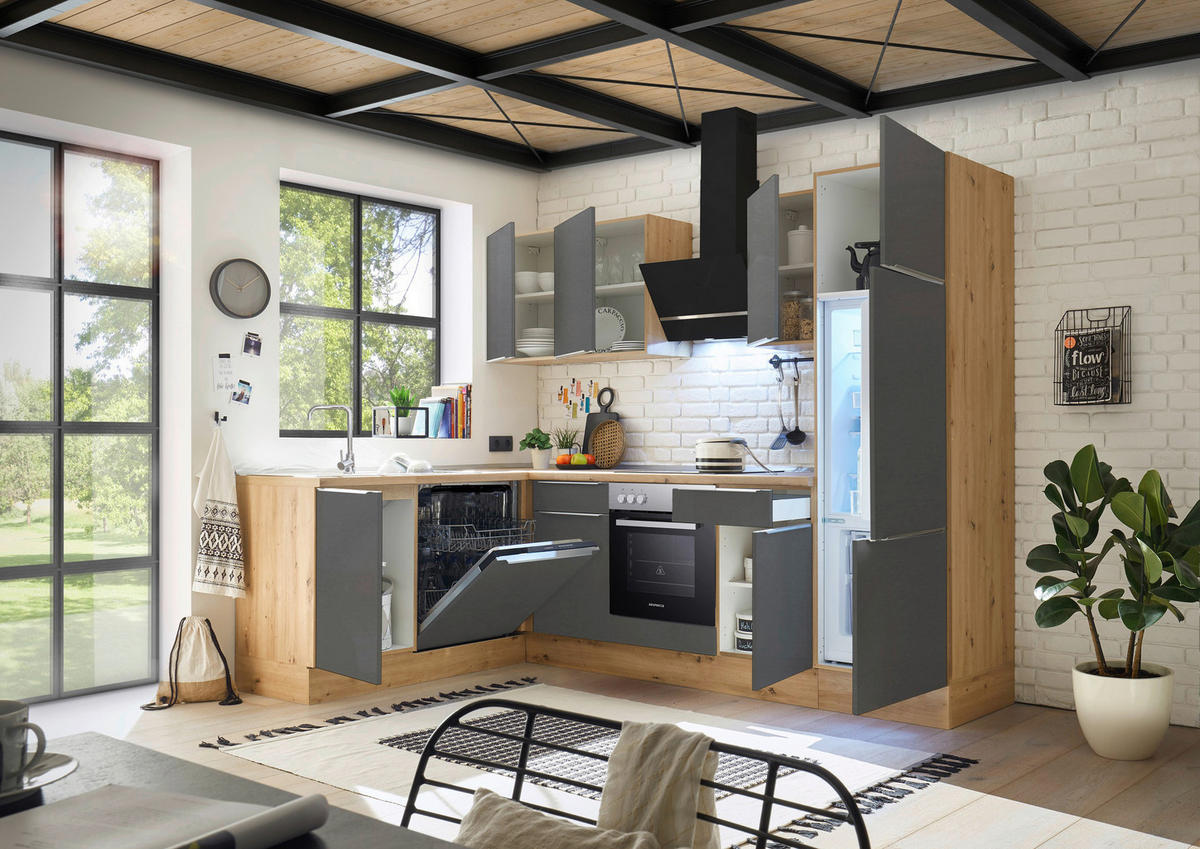 Respekta Winkelküche Marleen grau matt B/H/T: ca. 280x211x170 cm Marleen - Eiche/Alu (280,00/211,00/170,00cm) - Respekta