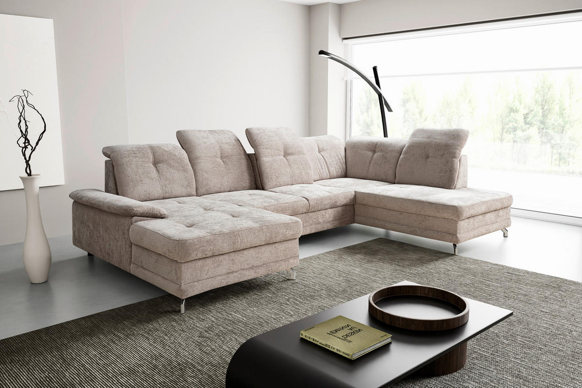 Wohnlandschaft Kendo beige Microfaser B/H/T: ca. 337x105x172 cm Kendo - beige/Chrom (337,00/105,00/172,00cm)