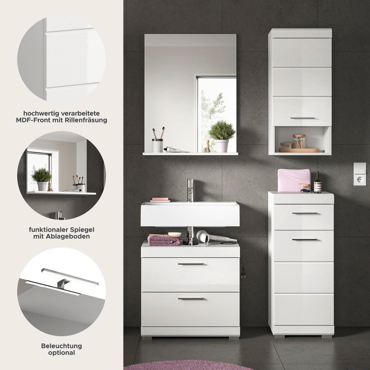 Badezimmer-Set Scout weiß weiß Hochglanz B/H/T: ca. 112x191x37 cm Scout - weiß (112,00/191,00/37,00cm) - xonox.home