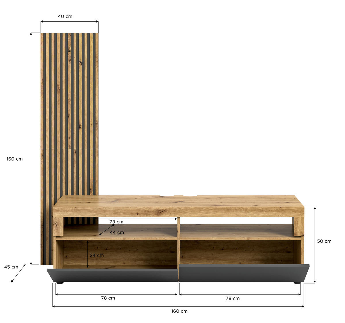 TV-Lowboard Okai anthrazit Eiche Artisan Nachbildung B/H/T: ca. 160x90x45 cm Okai - Eiche/anthrazit (160,00/90,00/45,00cm)