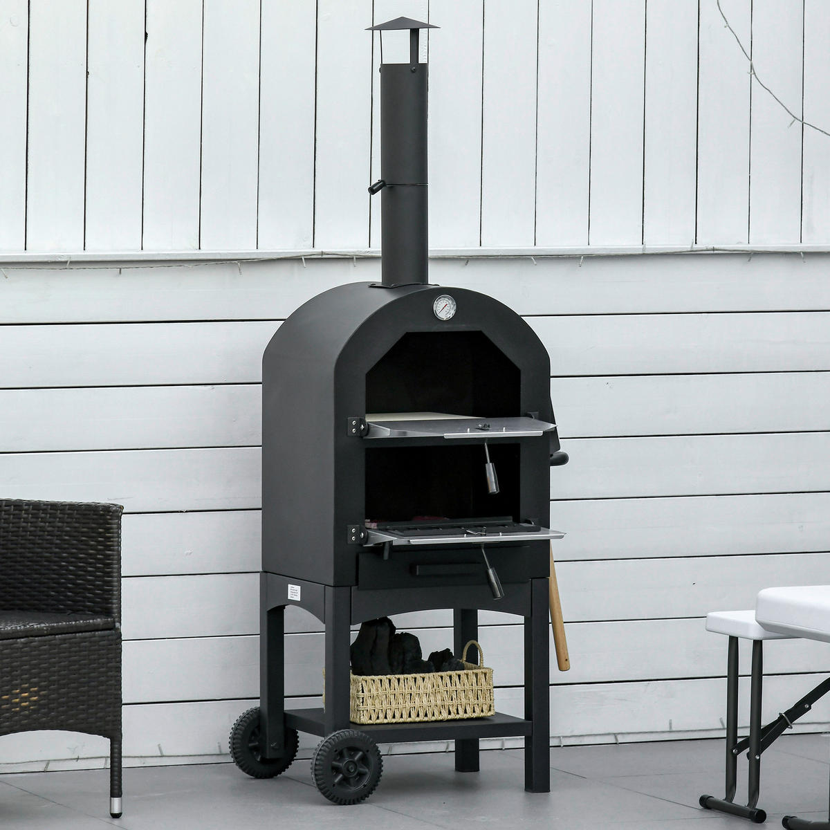 Outsunny Pizzaofen mit Schornstein schwarz Stahl B/H/L: ca. 54x161x63 cm Pizzaofen 846-085 - schwarz/silber (63,00/54,00/161,00cm) - Outsunny