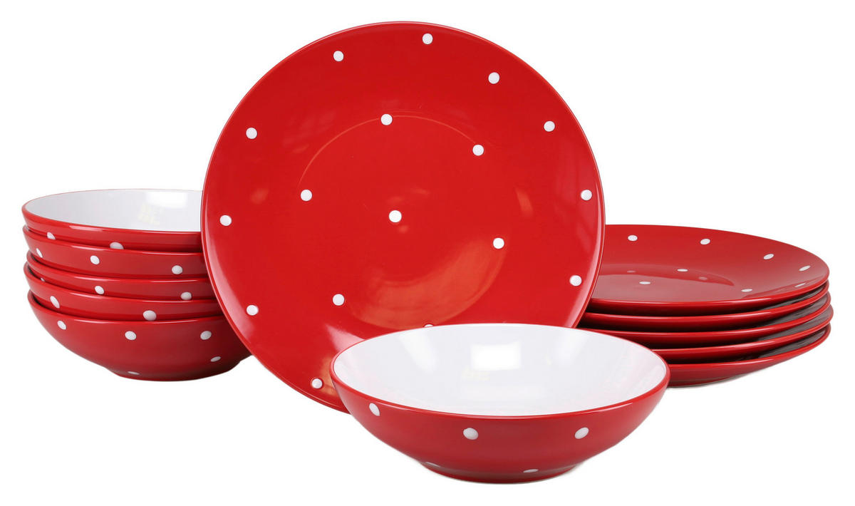 CreaTable Tafelservice Polka Dots weiß Steinzeug 12 tlg. Polka Dots - weiß/rot - CreaTable