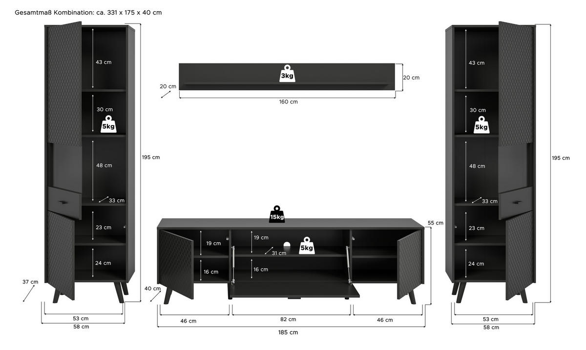Wohnwand LINEA grau schwarz B/H/T: ca. 331x195x40 cm LINEA - schwarz/grau (331,00/195,00/40,00cm) - xonox.home