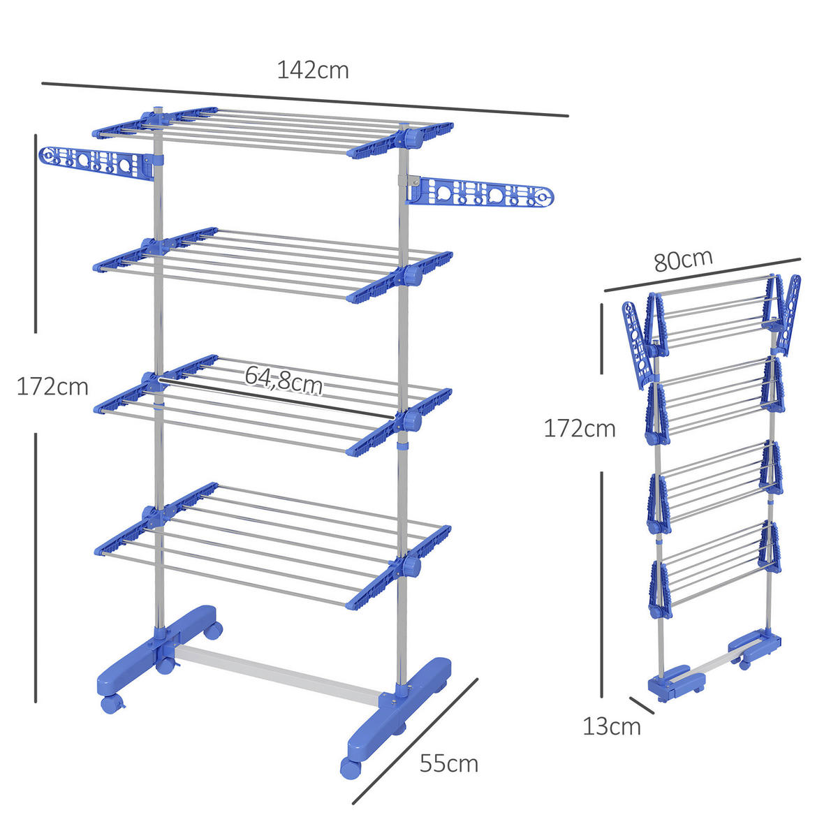 HOMCOM Wäscheständer blau Polypropylen B/H/L: ca. 55x142x172 cm Trockenständer - blau (172,00/55,00/142,00cm) - HOMCOM