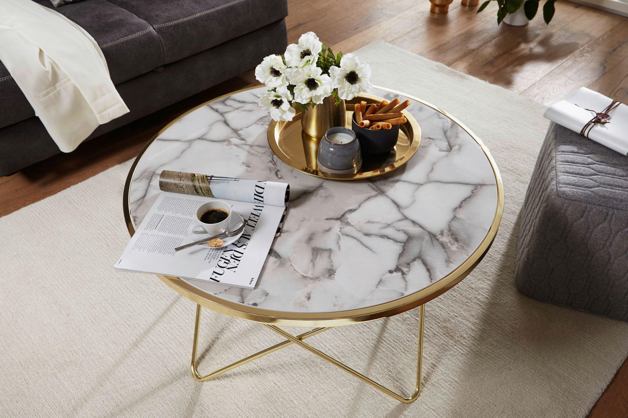 Couchtisch weiß Marmor Optik gold B/H/T: ca. 85x49x85 cm Couchtisch - gold/weiß (85,00/49,00/85,00cm) - Wohnling