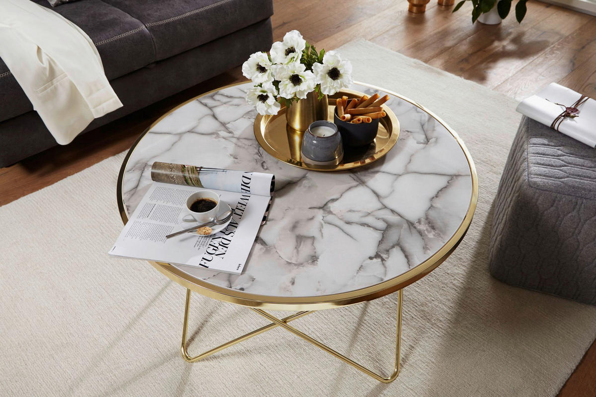 Couchtisch weiß Marmor Optik gold B/H/T: ca. 85x49x85 cm Couchtisch - gold/weiß (85,00/49,00/85,00cm) - Wohnling