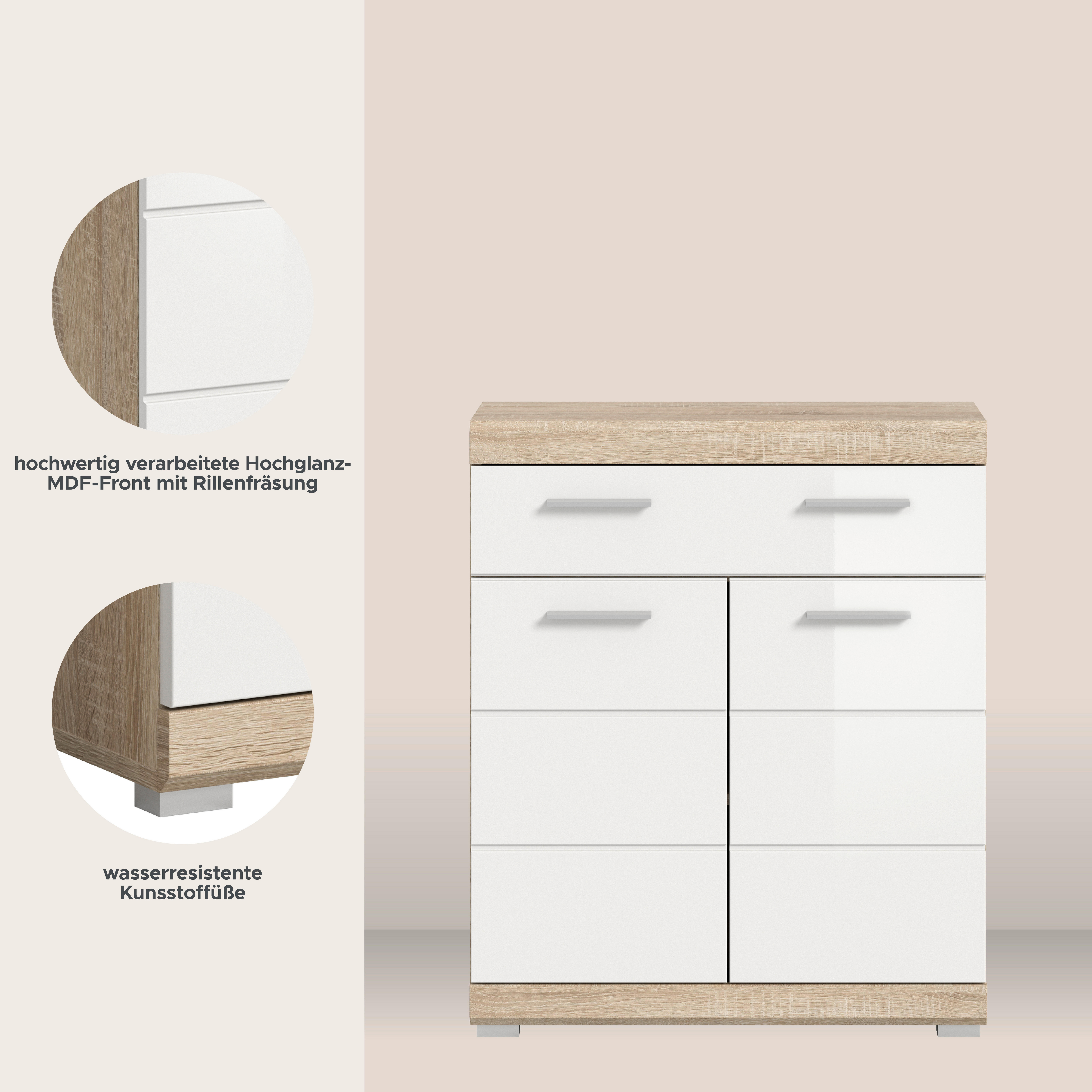 Thumbnail - Schrank Lambada Eiche Sonoma Nachbildung weiß Hochglanz B/H/T: ca. 74x88x31 cm