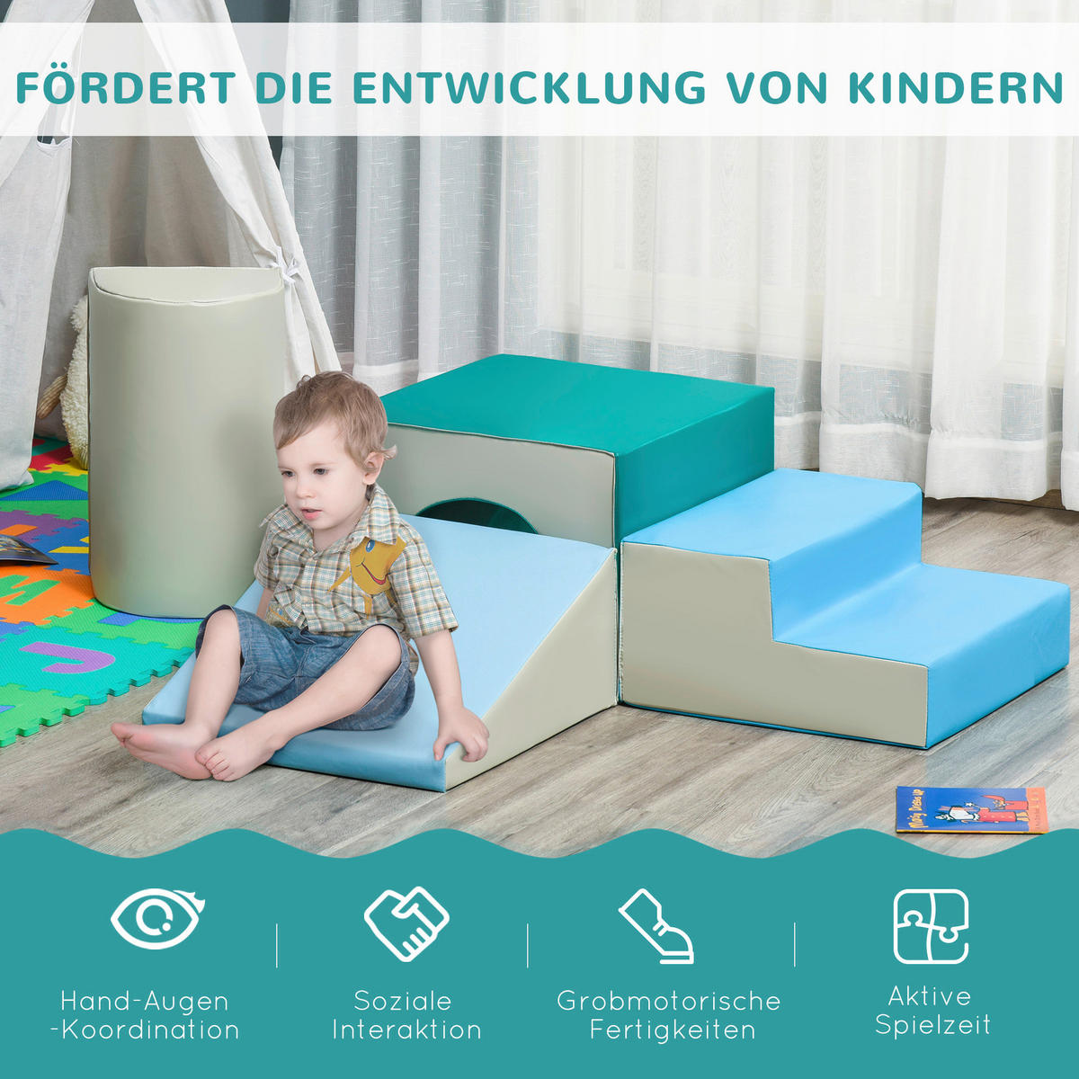HOMCOM Kinder Bausteine 4er Set B/H/L: ca. 50x150x39 cm Kinder-Softplay-Set - blau/hellgrau (39,00/50,00/150,00cm) - HOMCOM