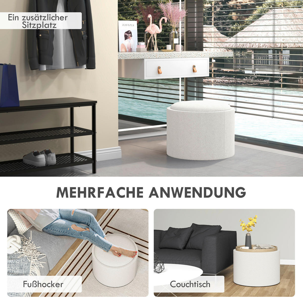 HOMCOM Hocker cremeweiß B/H/L: ca. 56x56x42 cm Polsterhocker - cremeweiß (42,00/56,00/56,00cm) - HOMCOM