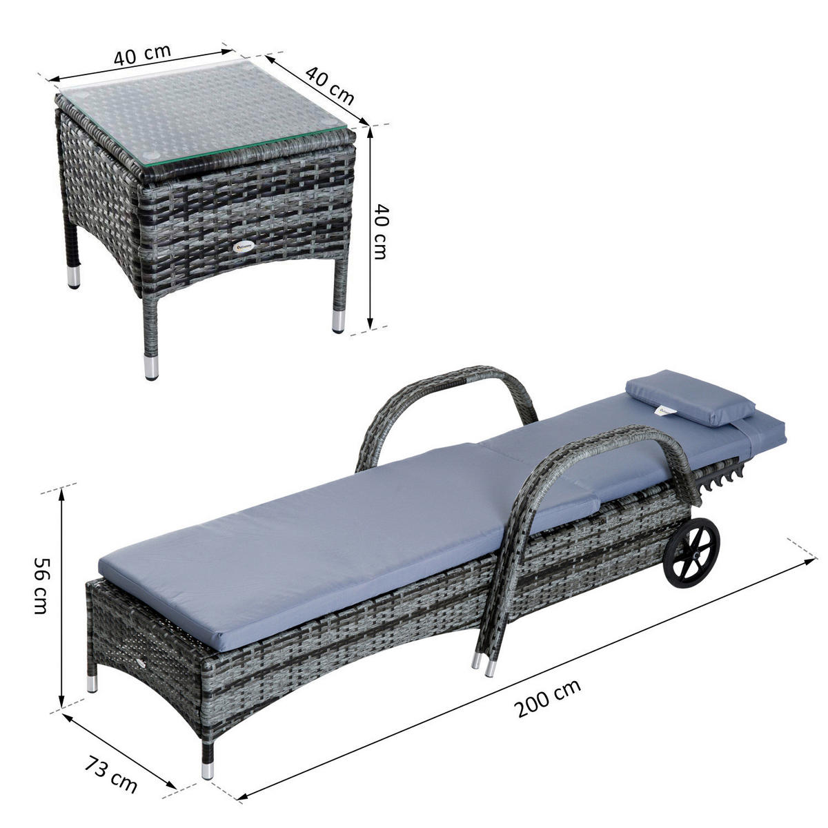 Outsunny Gartenliege grau Metall Rattan-Gartenliege_3tlg. - grau - Outsunny