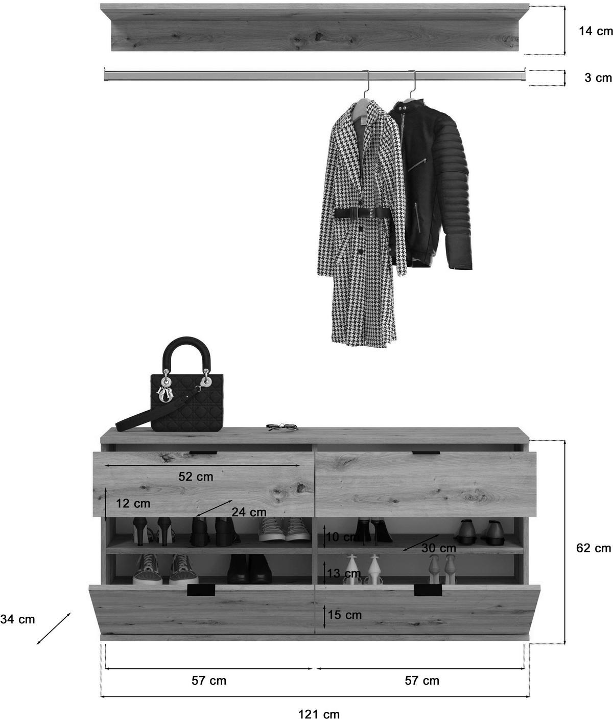 Garderobe PROJEKT Eiche Artisan Nachbildung Spiegel B/H/T: ca. 273x193x34 cm PROJEKT - Eiche (273,00/193,00/34,00cm) - xonox.home