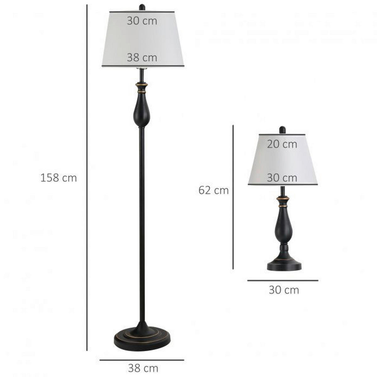 HOMCOM 3er Lampenset schwarz weiß Metall Polyester-Mischgewebe Stoff B/H/L: ca. 38x158x38 cm E27 3 Brennstellen 3er- Lampenset B31-183 - weiß/schwarz (38,00/38,00/158,00cm) - HOMCOM