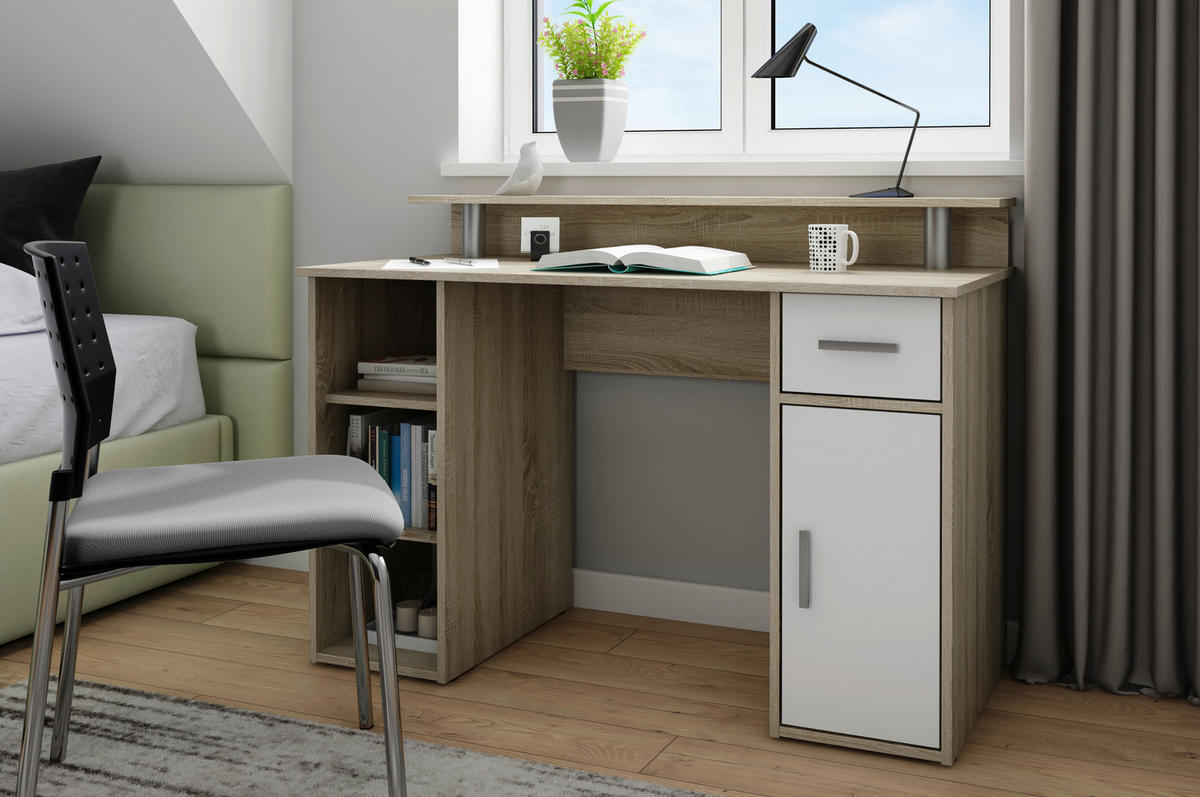 Schreibtisch DIEGO Eiche Sonoma Nachbildung weiß silber B/H/T: ca. 120x88x55 cm DIEGO - Eiche/weiß (120,00/88,00/55,00cm) - byLIVING