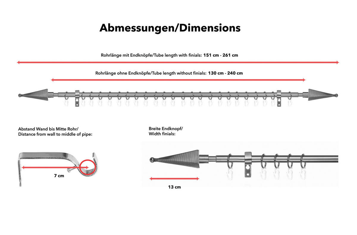LICHTBLICK Gardinenstange Pyramide Edelstahloptik Metall D: ca. 1,6 cm ausziehbar von ca. 130 bis 240 cm 1.0 Läufe Pyramide - Edelstahloptik (1,60cm) - LICHTBLICK