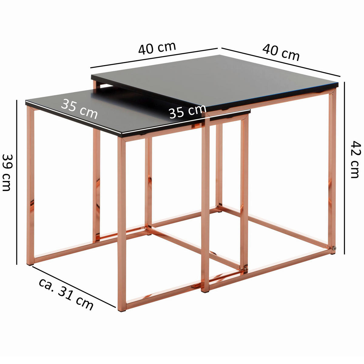 Beistelltisch 2er-Set schwarz Lack matt Kupfer lackiert MDF Metall 2er-Set - schwarz/Kupfer - Wohnling