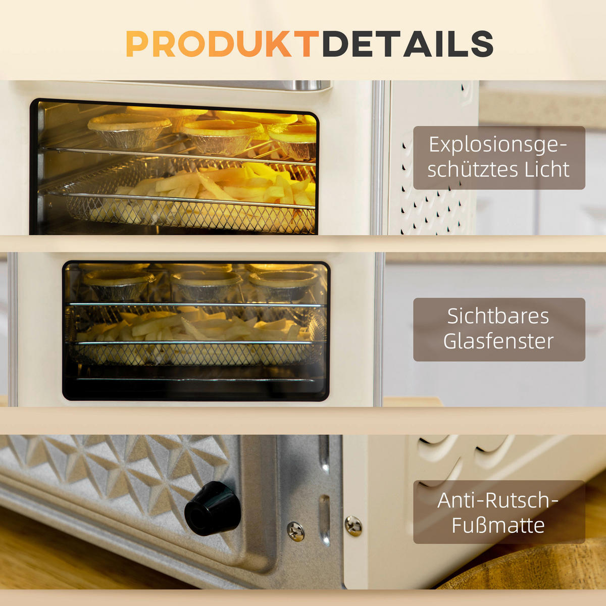 HOMCOM Küchengerät 800-152V90CW cremeweiß Edelstahl B/H/L: ca. 37,7x36x34,5 cm Minibackofen - cremeweiß (34,50/37,70/36,00cm) - HOMCOM