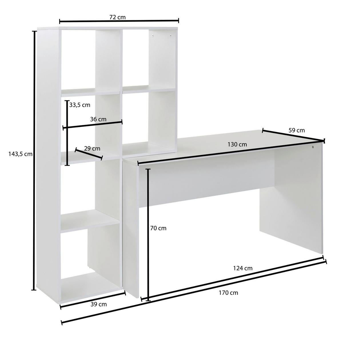 Schreibtisch weiß B/H/T: ca. 170x143,5x59 cm Schreibtisch - weiß (170,00/143,50/59,00cm) - Wohnling