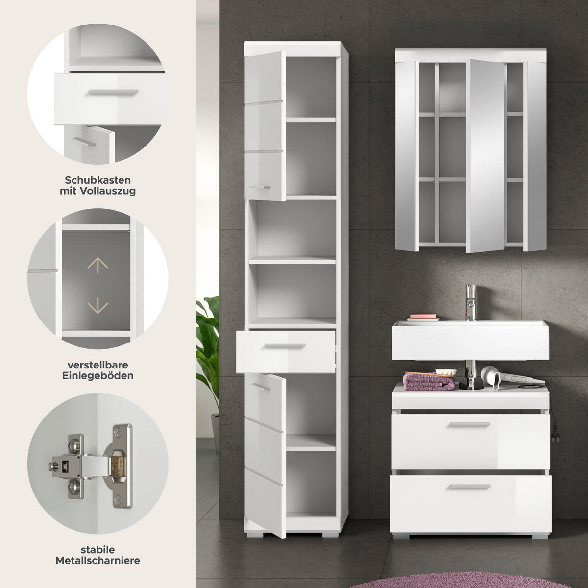 Badezimmer-Set Scout weiß weiß Hochglanz B/H/T: ca. 112x191x37 cm Scout - weiß (112,00/191,00/37,00cm) - xonox.home