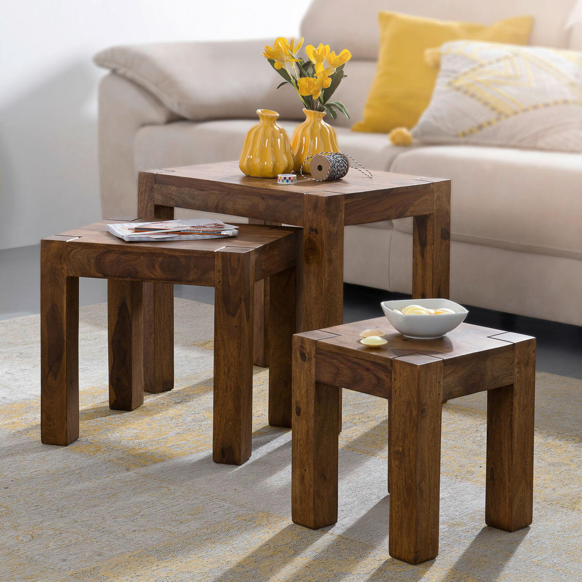 Beistelltisch 3er-Set natur Echtholz 3er-Set - natur - Wohnling