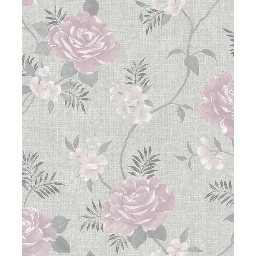 Thumbnail - Papiertapete Blumenranke hellgrau dunkelgrau rosa B/L: ca. 53x1005 cm