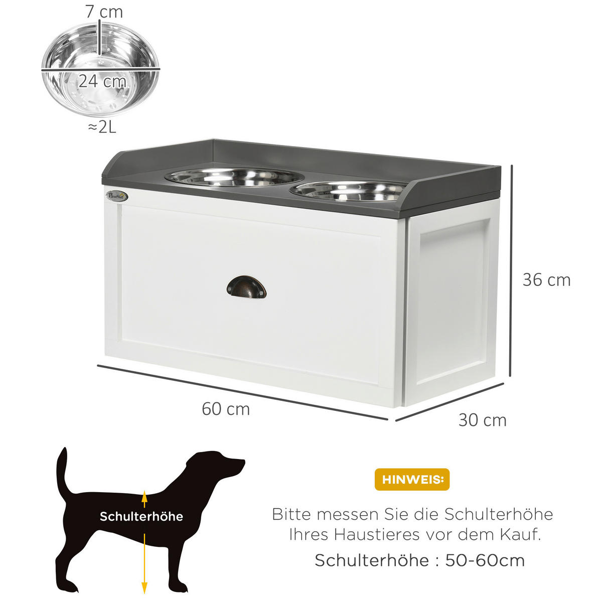 PawHut Hunde-Zubehör weiß Edelstahl B/H/L: ca. 30x60x36 cm Hundenapf - weiß (36,00/30,00/60,00cm) - PawHut