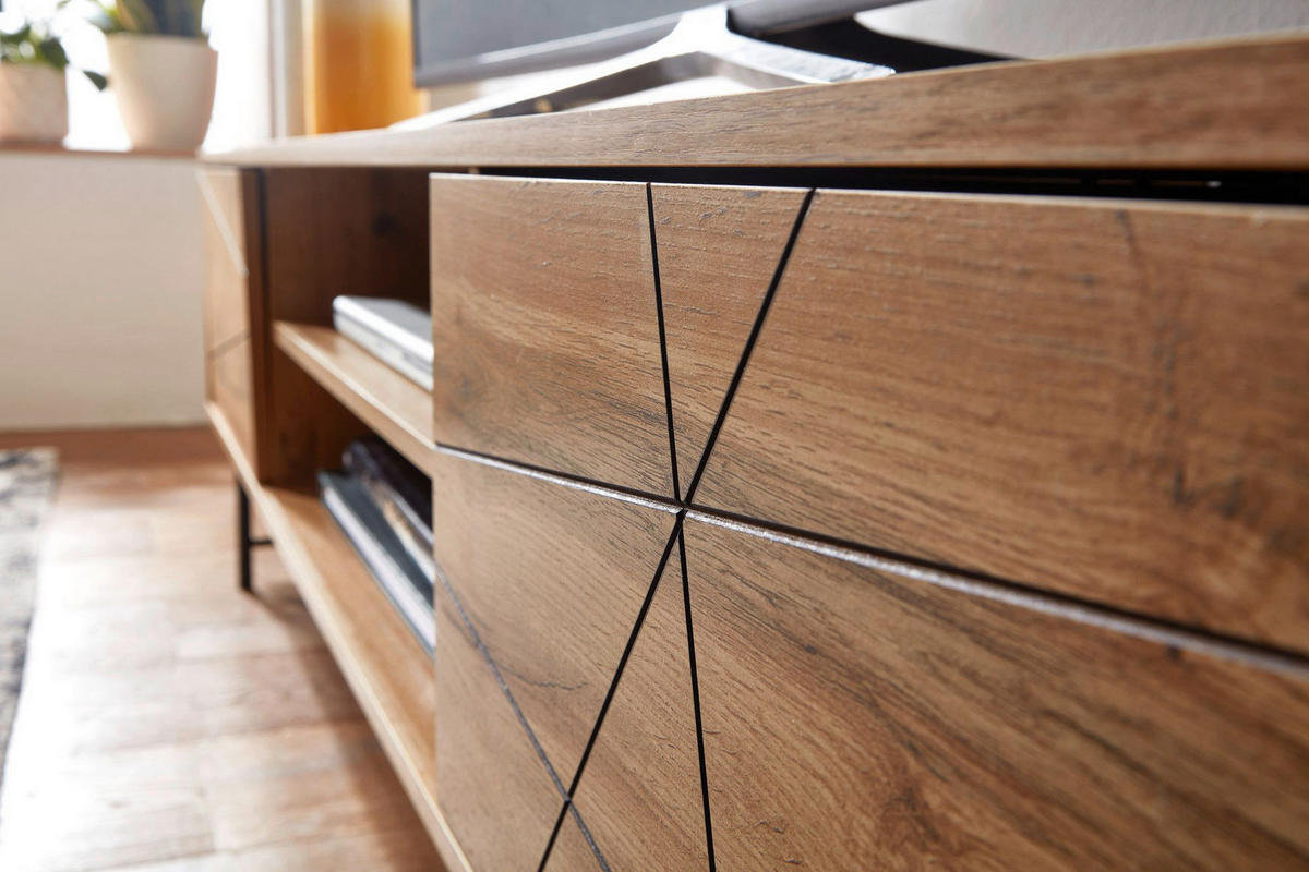 Lowboard Eiche Nachbildung schwarz pulverbeschichtet B/H/T: ca. 160x45x40 cm Lowboard - Eiche/schwarz (160,00/45,00/40,00cm) - Wohnling