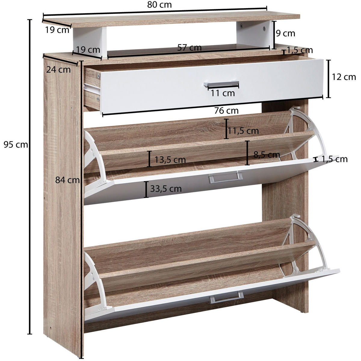 Schuhschrank Eiche Sonoma Nachbildung weiß B/H/T: ca. 80x95x24 cm Schuhschrank - Eiche/weiß (80,00/95,00/24,00cm) - Wohnling