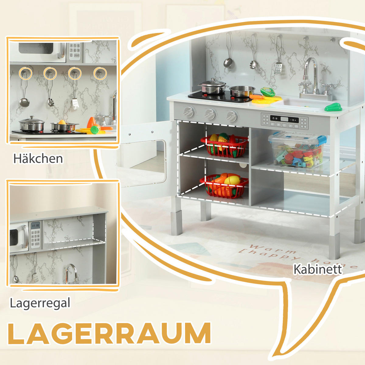 AIYAPLAY Kinder-Spielküche B/H/L: ca. 28x96,1x70,1 cm Kinder-Spielküche - weiß (70,10/28,00/96,10cm) - AIYAPLAY