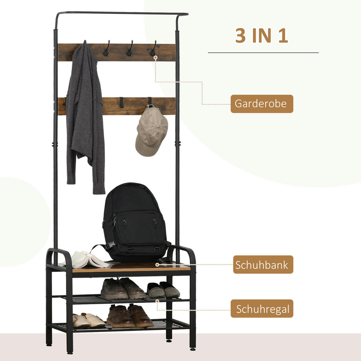 HOMCOM Garderobe schwarz Polypropylen B/H/L: ca. 34x72x185 cm Garderobenmodul - natur/schwarz (185,00/34,00/72,00cm) - HOMCOM