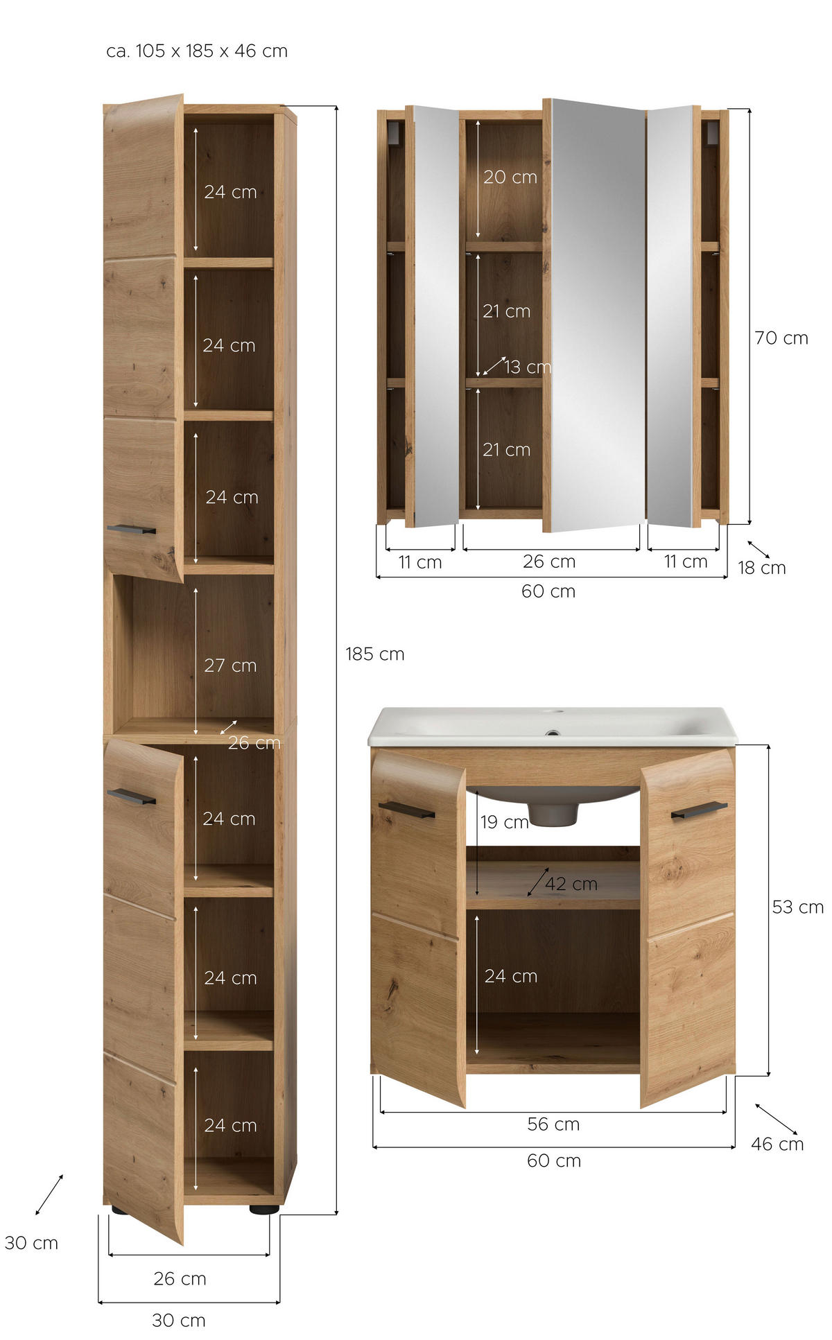 Badezimmer-Set Ice Artisan Oak Nachbildung B/H/T: ca. 105x185x46 cm Ice - (105,00/185,00/46,00cm) - xonox.home
