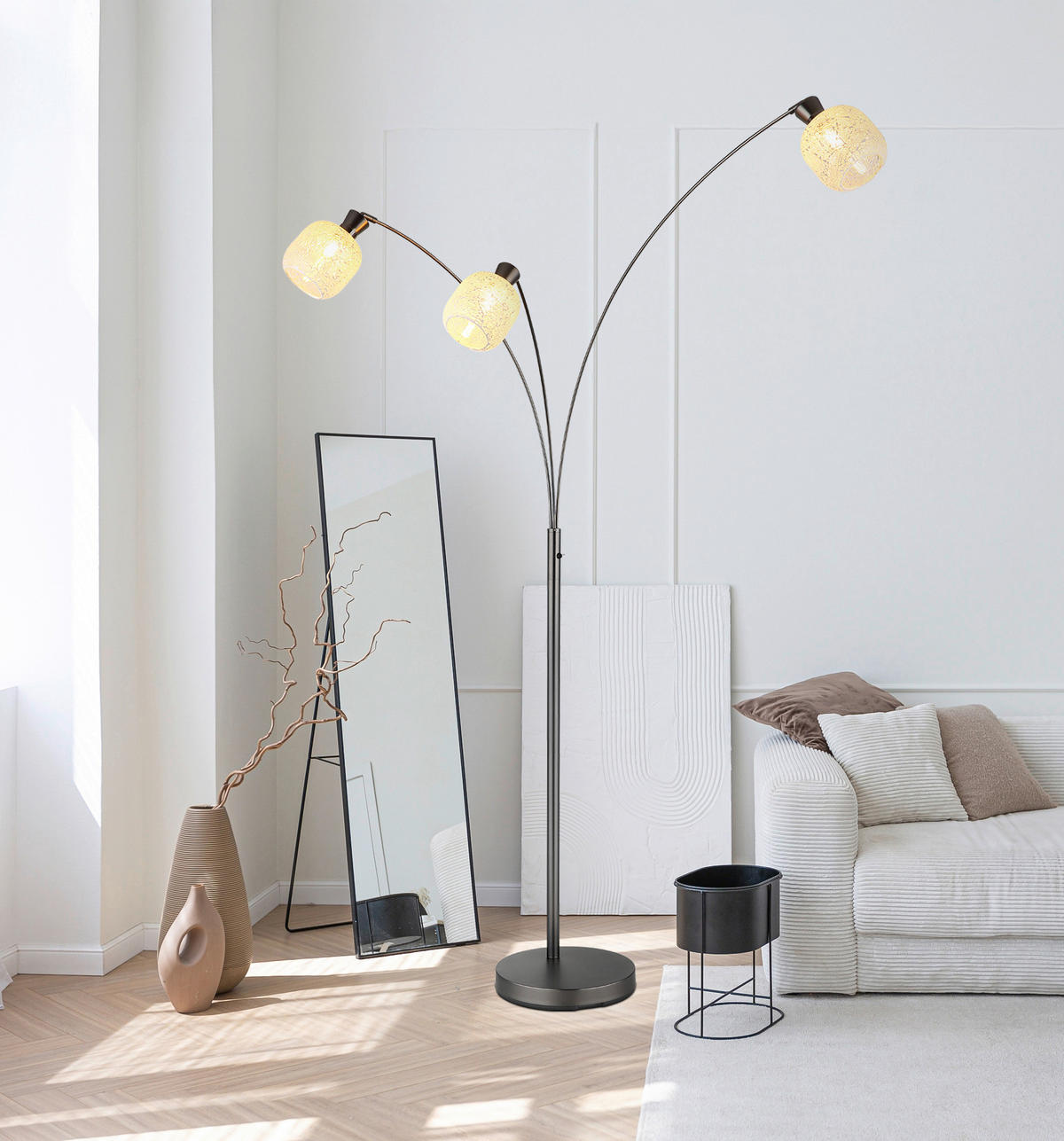 GLOBO Stehleuchte Chrom schwarz Metall Glas B/H/L: ca. 14x133x35 cm 3 Brennstellen Stehleuchte-Brokana - schwarz/Chrom (35,00/14,00/133,00cm) - GLOBO