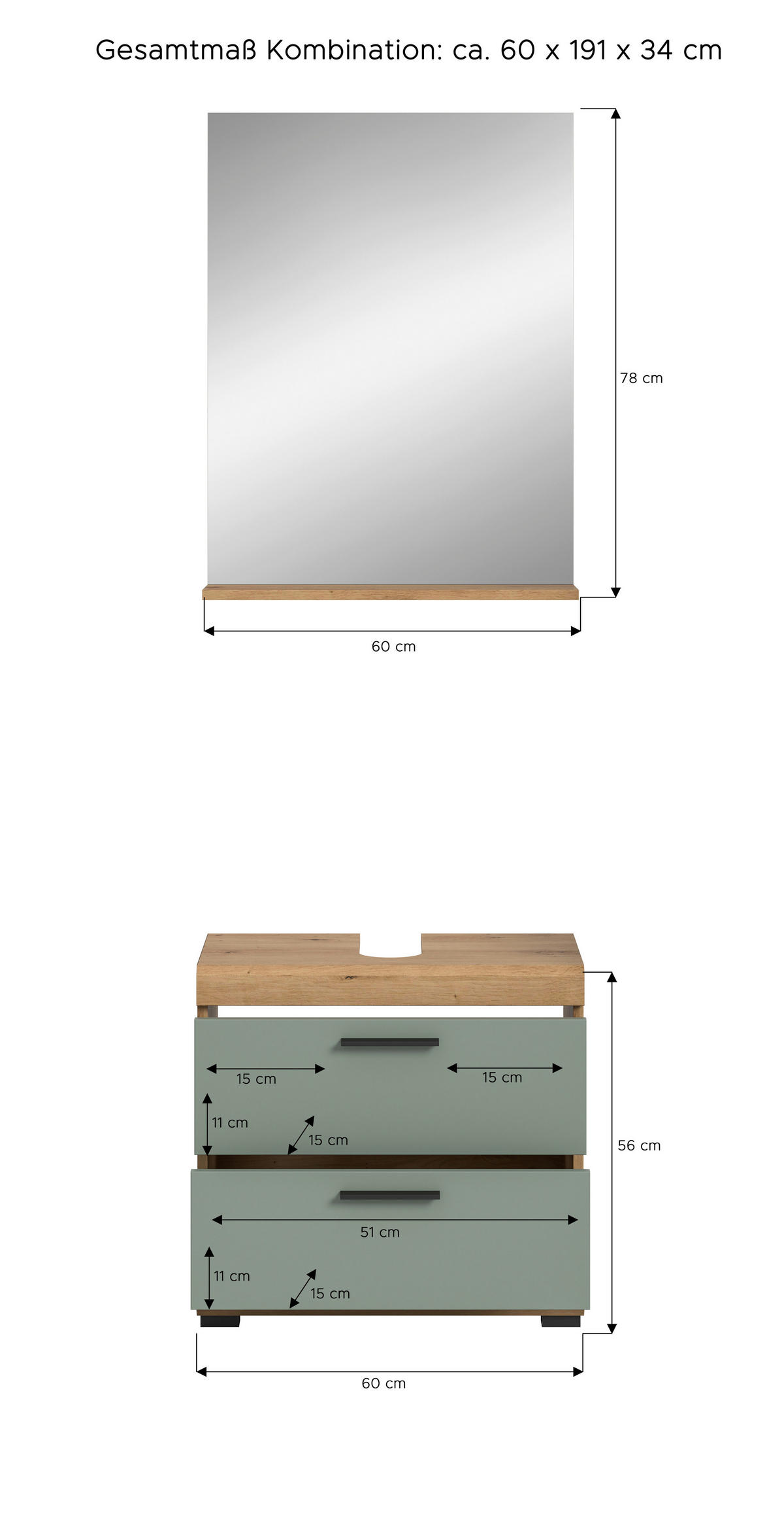Badezimmer-Set Scout Eiche Artisan Nachbildung salbei Nachbildung B/H/T: ca. 60x191x37 cm Scout - Eiche/salbei (60,00/191,00/37,00cm) - xonox.home