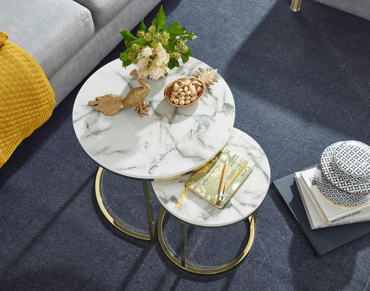 Wohnling Couchtisch 2er-Set. weiß Marmor gold MDF Stahl 2er-Set. - gold/weiß - Wohnling