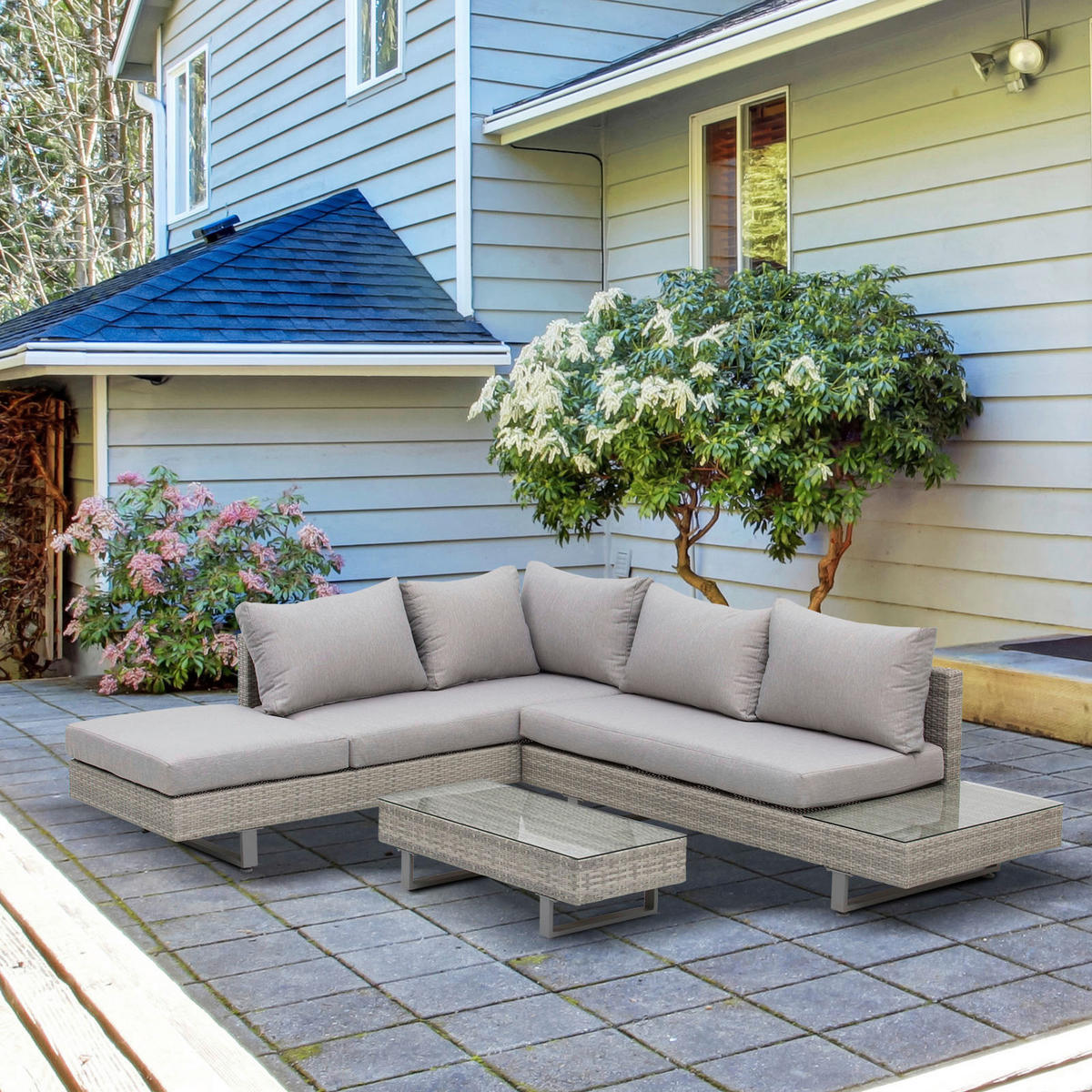Outsunny Sitzgruppe grau Edelstahl B/H/L: ca. 69x196x59 cm Gartenmöbel-Set - grau (59,00/69,00/196,00cm) - Outsunny